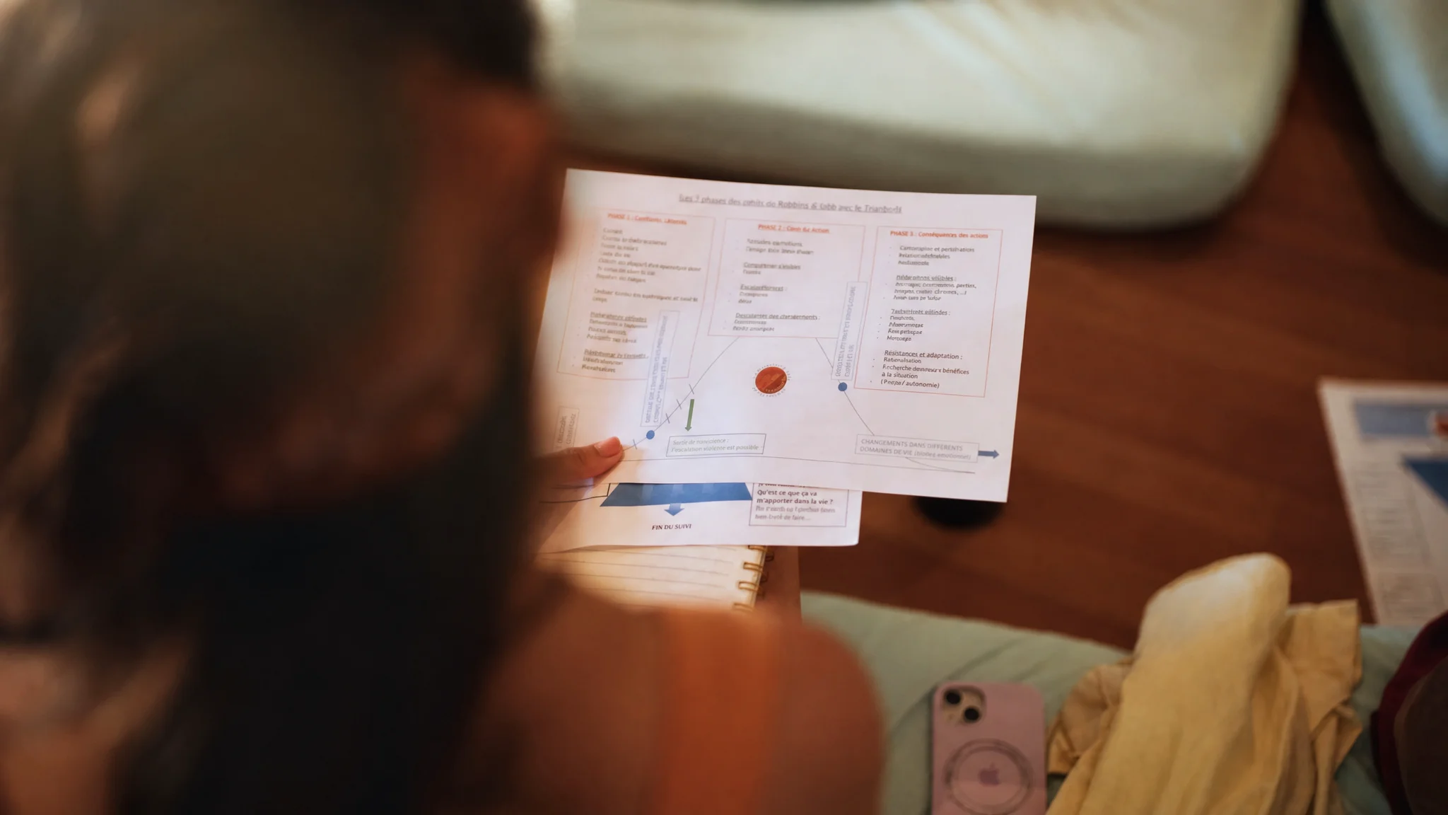 Une personne consulte un document imprimé au-dessus d’une surface en bois.